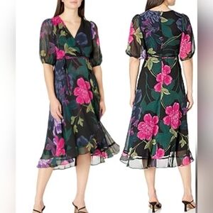 Maison Tara Wrap Floral Sheer Ruffled Puff Sleeves Belted Zip Midi Dress